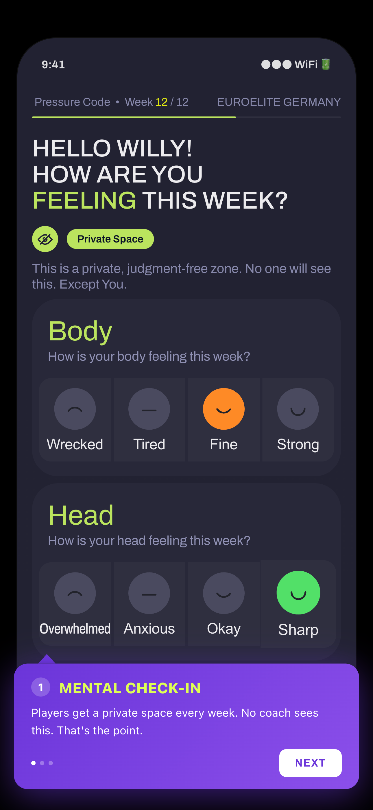 The private weekly mental check-in - body and head, seen only by the player