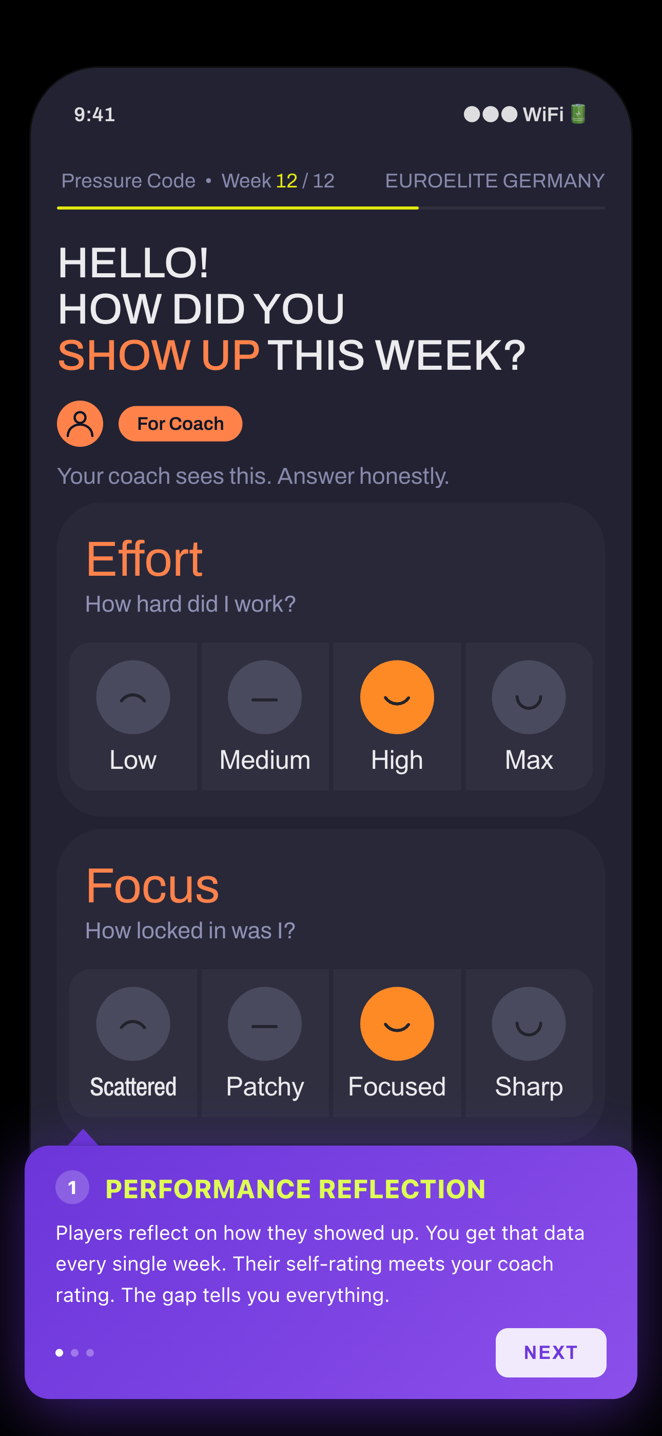 The coach-facing check-in capturing effort and focus